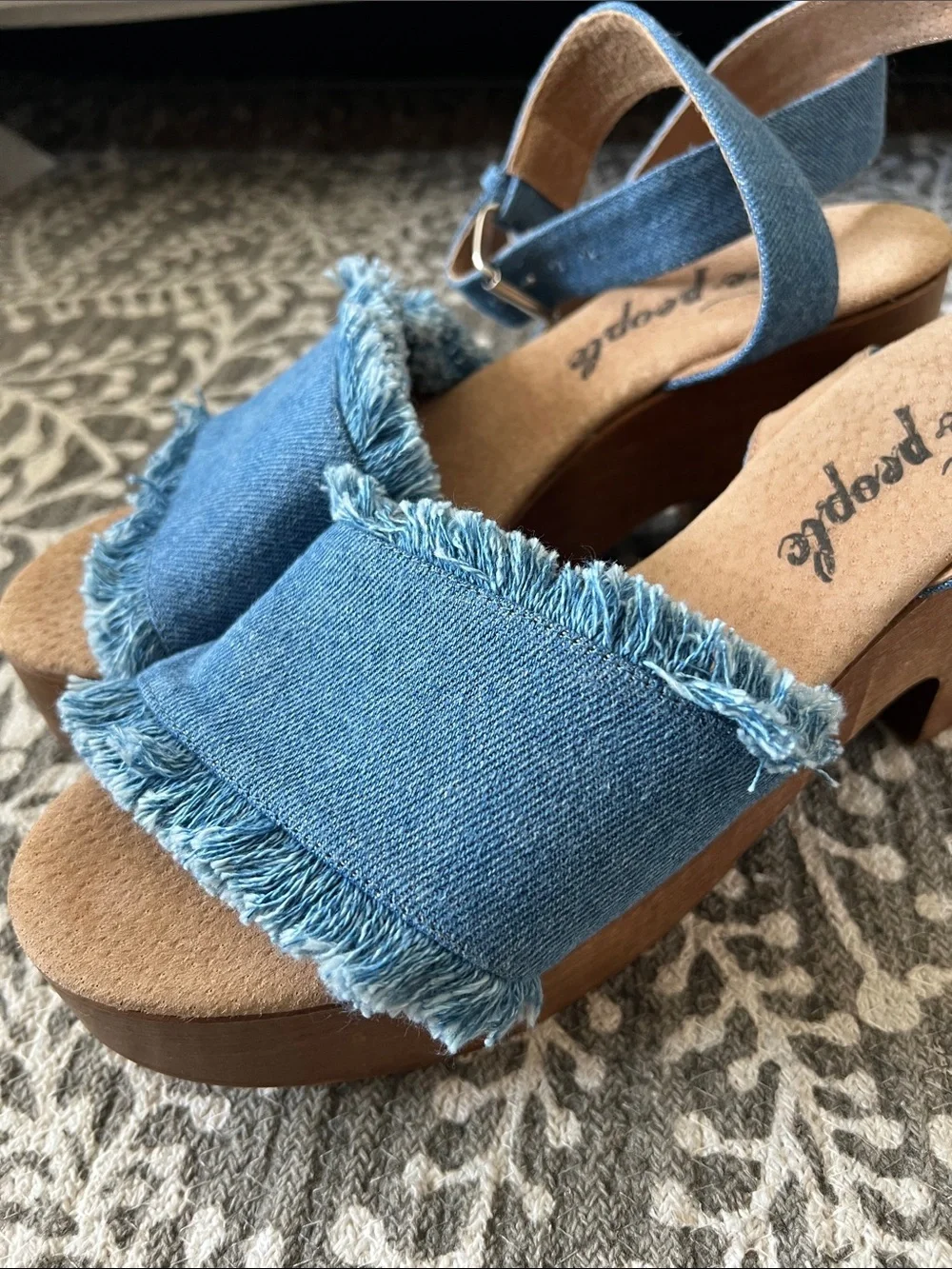 Free people frayed denim chunky wood heel platform sandals